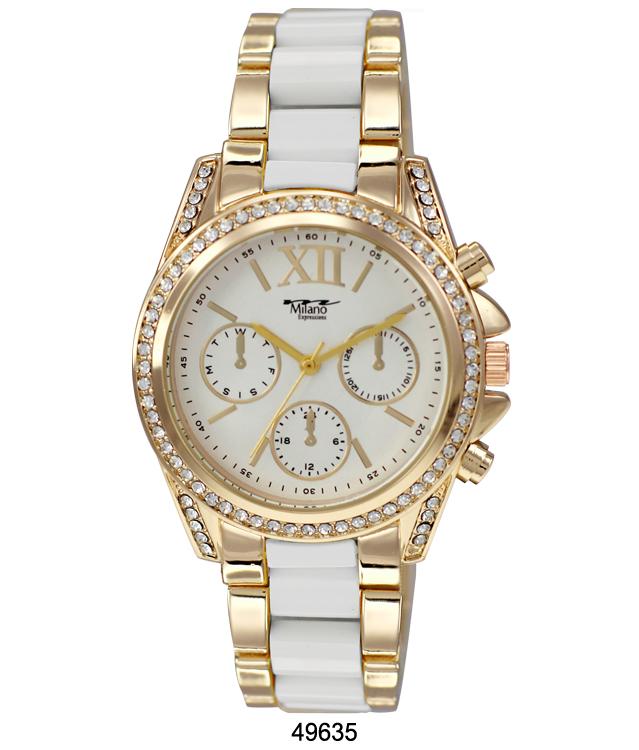 Elegant 4963 Metal Band Watch with two-tone enamel links and sparkling stone bezel, perfect for stylish women.