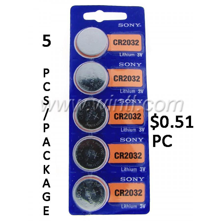 Five CR2032-A batteries for watches, packaged and ready for use, showcasing their compact size and design.