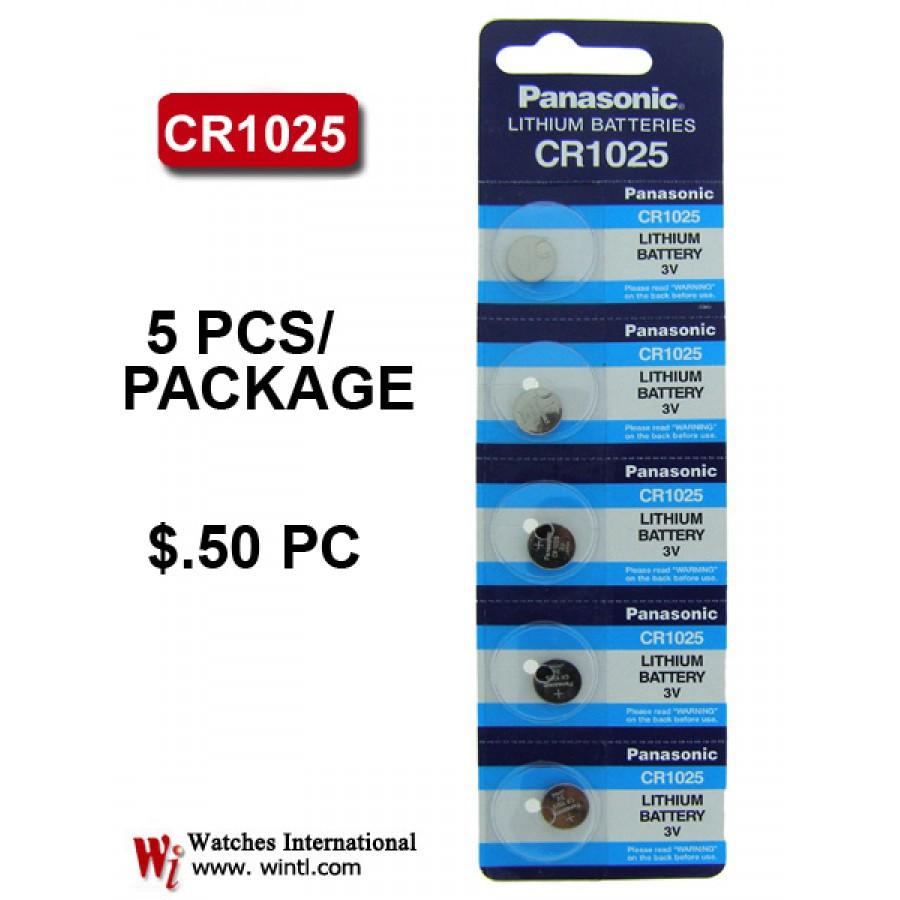 Five CR1025 batteries for watches, packaged neatly, showcasing their compact size and design for easy installation.