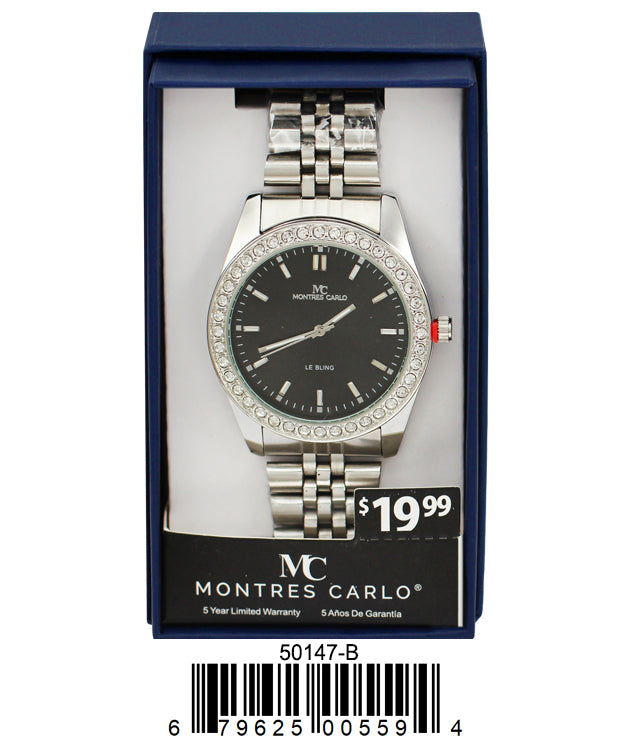 Montres Carlo 5014 Metal Band Watch with sparkling stone bezel and baguette hour markers, showcasing its elegant design.