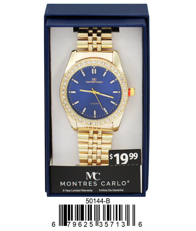 Montres Carlo 5014 Metal Band Watch with sparkling stone bezel and baguette hour markers, showcasing its elegant design.