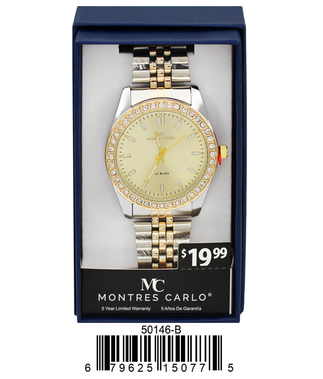 Montres Carlo 5014 Metal Band Watch with sparkling stone bezel and baguette hour markers, showcasing its elegant design.