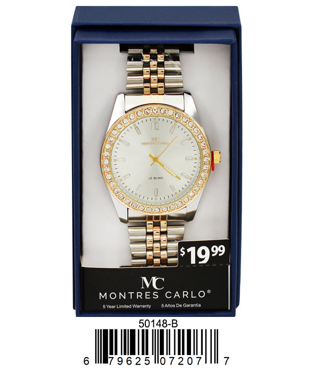 Montres Carlo 5014 Metal Band Watch with sparkling stone bezel and baguette hour markers, showcasing its elegant design.