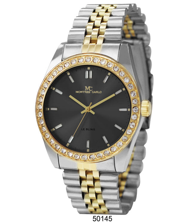 Montres Carlo 5014 Metal Band Watch with sparkling stone bezel and baguette hour markers, showcasing its elegant design.