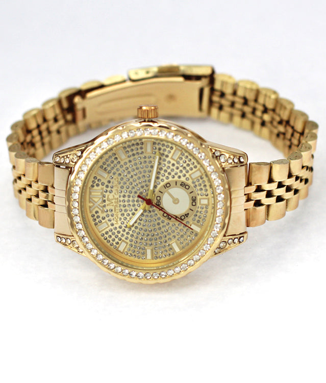 Elegant 5032 Metal Band Watch with sparkling stone bezel and classic bracelet design, perfect for modern women.