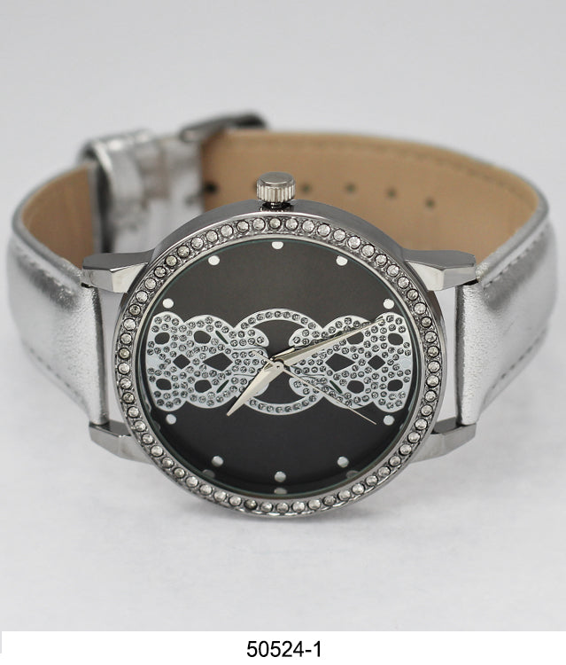 5052 Vegan Leather Band Watch featuring a sparkling stone-lined bezel and elegant dial design.