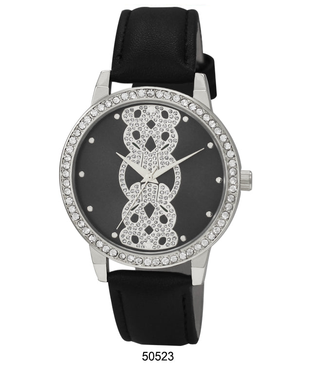 5052 Vegan Leather Band Watch featuring a sparkling stone-lined bezel and elegant dial design.