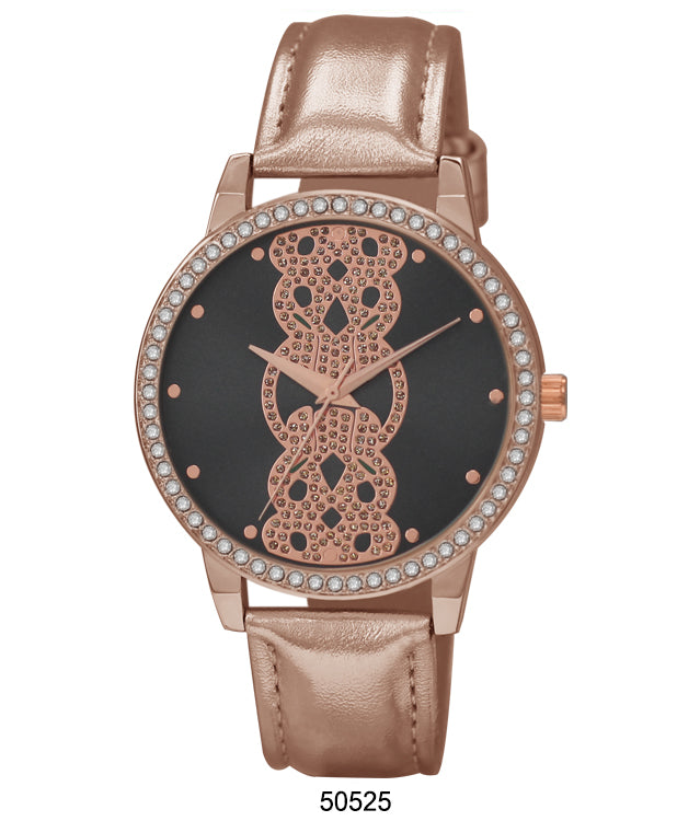 5052 Vegan Leather Band Watch featuring a sparkling stone-lined bezel and elegant dial design.