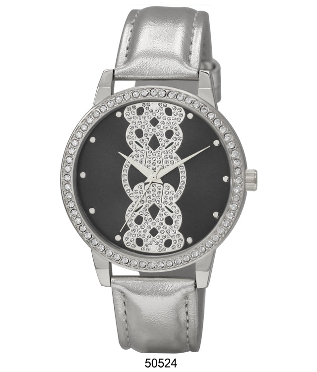 5052 Vegan Leather Band Watch featuring a sparkling stone-lined bezel and elegant dial design.