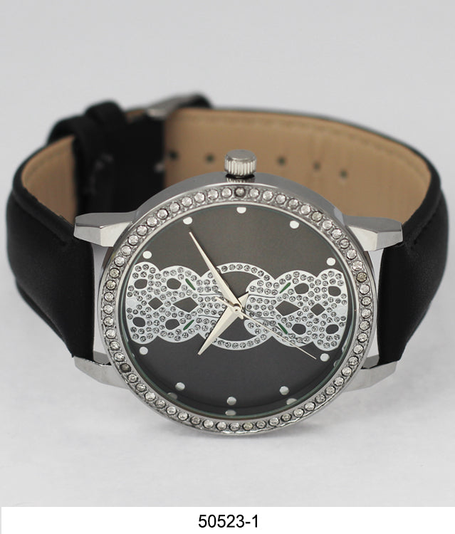 5052 Vegan Leather Band Watch featuring a sparkling stone-lined bezel and elegant dial design.