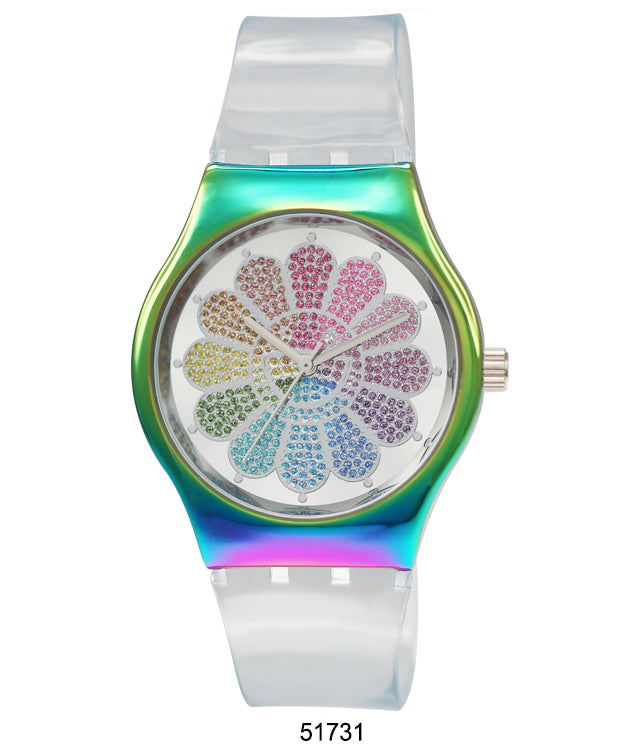 The 5173 Silicon Band Watch featuring a beautiful flower design, transparent silicon band, and sparkling glitter dial.