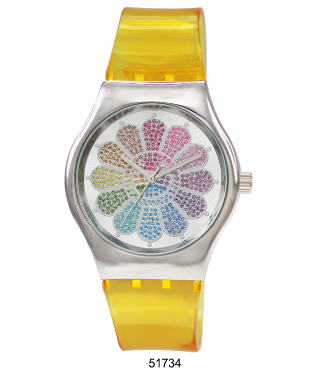 The 5173 Silicon Band Watch featuring a beautiful flower design, transparent silicon band, and sparkling glitter dial.