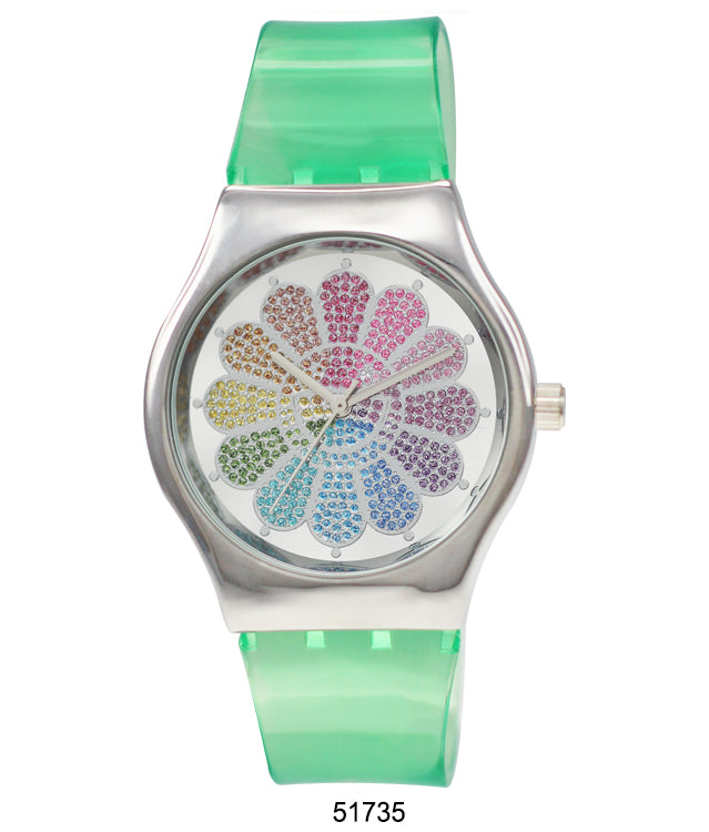 The 5173 Silicon Band Watch featuring a beautiful flower design, transparent silicon band, and sparkling glitter dial.