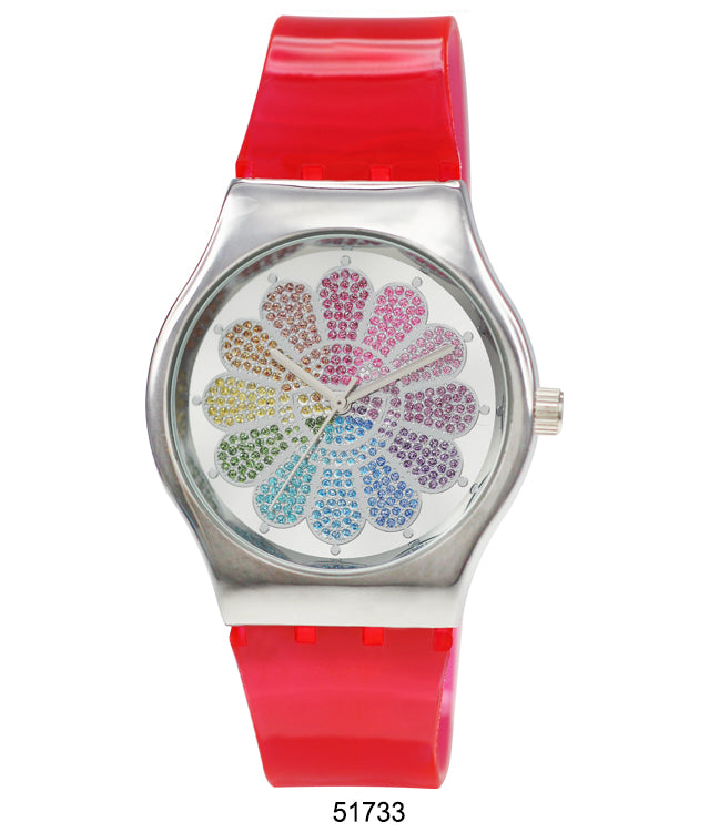 The 5173 Silicon Band Watch featuring a beautiful flower design, transparent silicon band, and sparkling glitter dial.