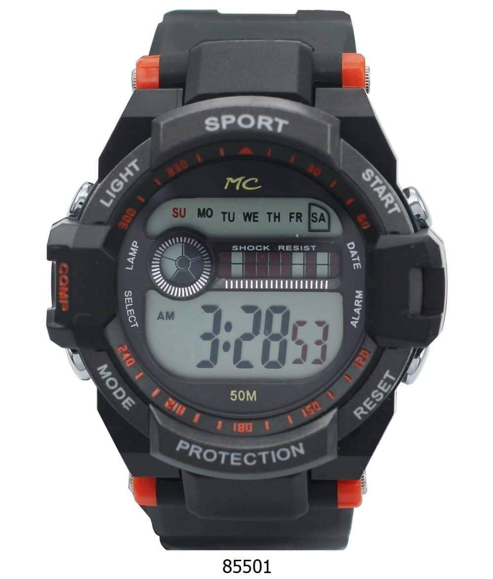 Montres Carlo 8550 Digital Watch with rubber band and plastic case, featuring a digital display and LED light.