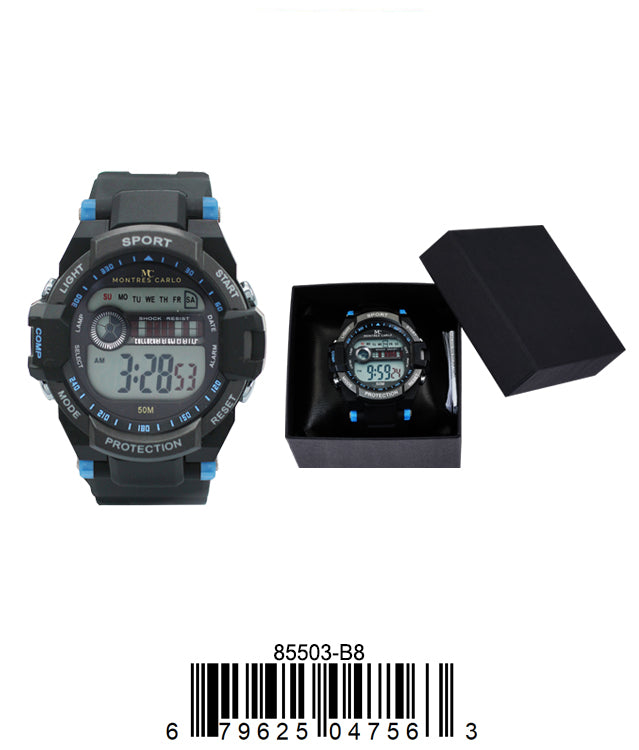 Montres Carlo 8550 Digital Watch with rubber band and plastic case, featuring a digital display and LED light.