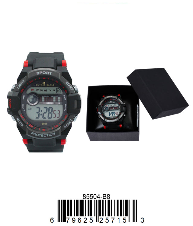 Montres Carlo 8550 Digital Watch with rubber band and plastic case, featuring a digital display and LED light.