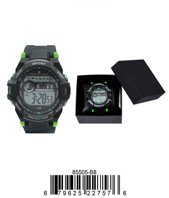 Montres Carlo 8550 Digital Watch with rubber band and plastic case, featuring a digital display and LED light.