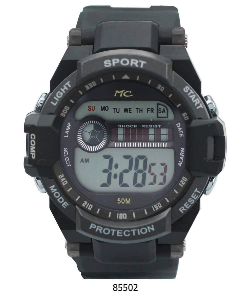 Montres Carlo 8550 Digital Watch with rubber band and plastic case, featuring a digital display and LED light.