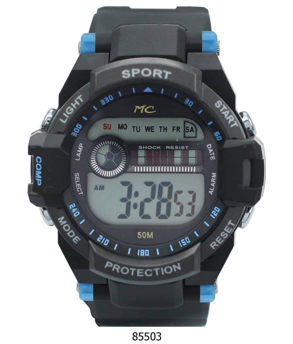 Montres Carlo 8550 Digital Watch with rubber band and plastic case, featuring a digital display and LED light.