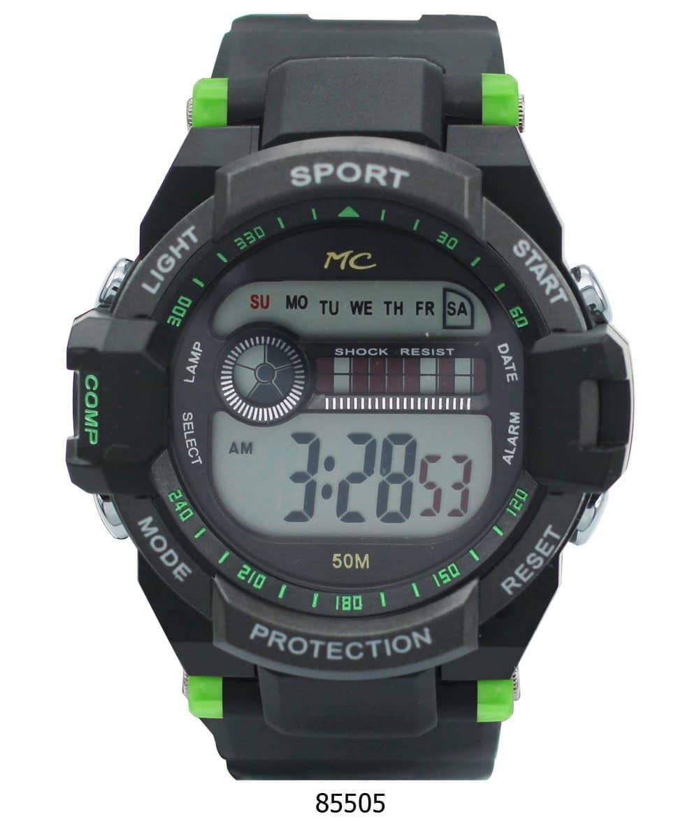 Montres Carlo 8550 Digital Watch with rubber band and plastic case, featuring a digital display and LED light.