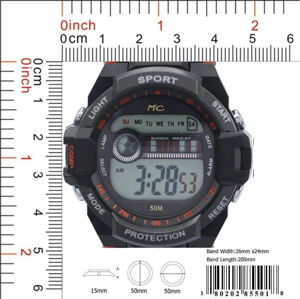 Montres Carlo 8550 Digital Watch with rubber band and plastic case, featuring a digital display and LED light.