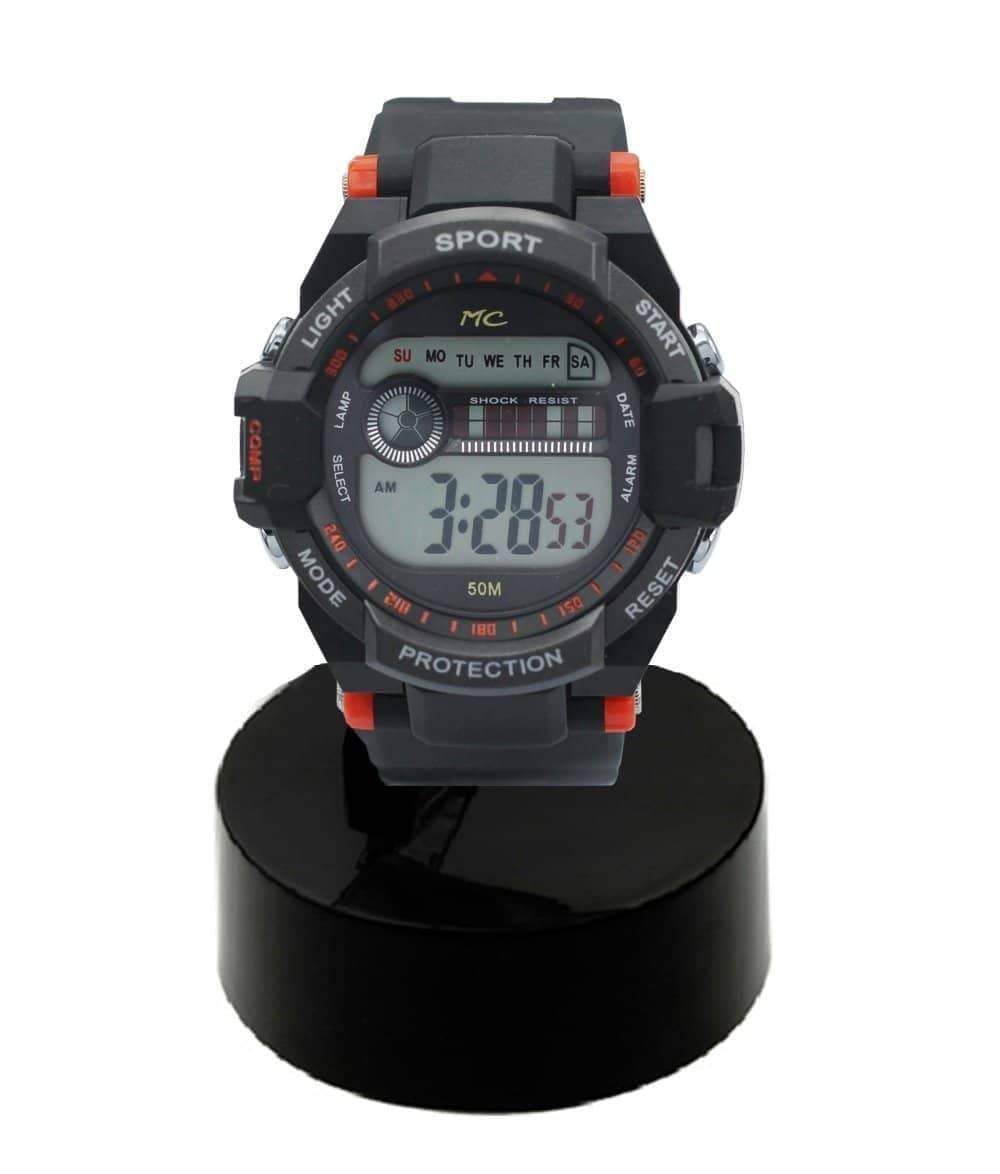 Montres Carlo 8550 Digital Watch with rubber band and plastic case, featuring a digital display and LED light.