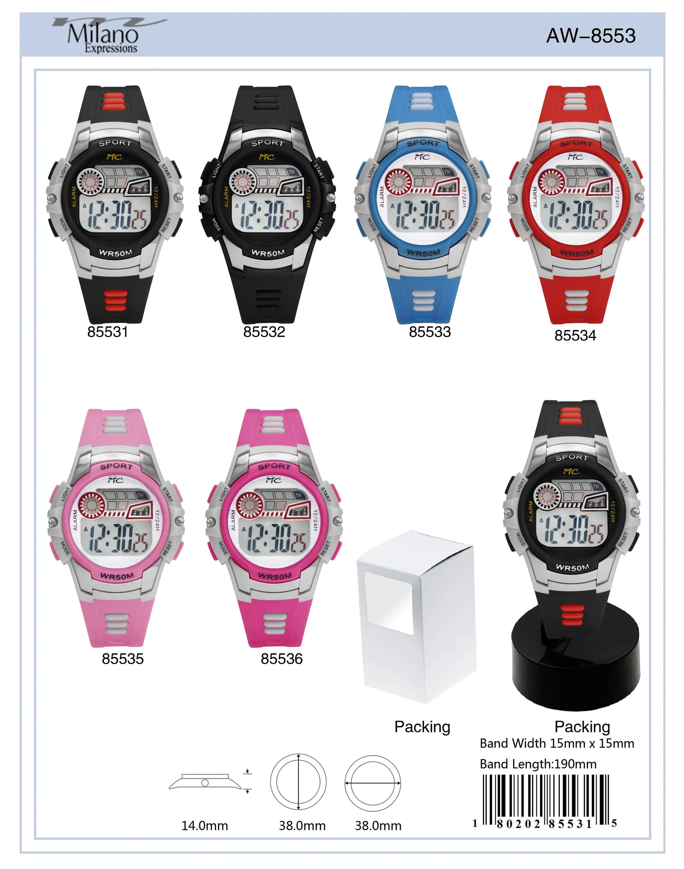 Montres Carlo 8553 Digital Watch with rubber band and plastic case, featuring a digital display and LED light.