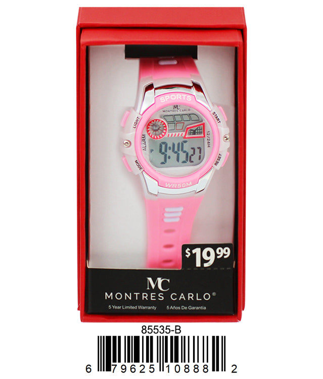 Montres Carlo 8553 Digital Watch with rubber band and plastic case, featuring a digital display and LED light.