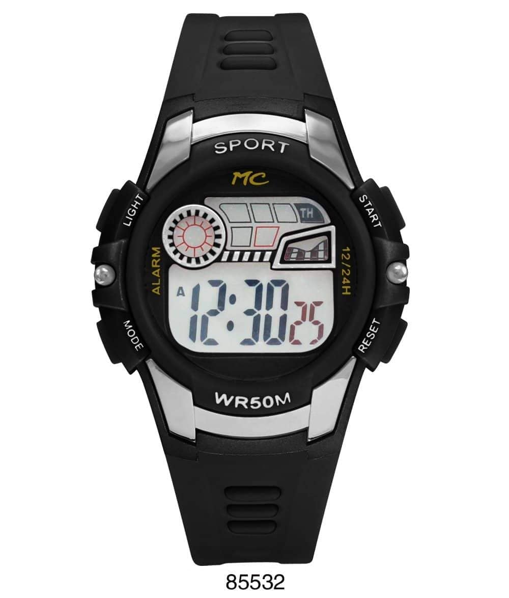 Montres Carlo 8553 Digital Watch with rubber band and plastic case, featuring a digital display and LED light.