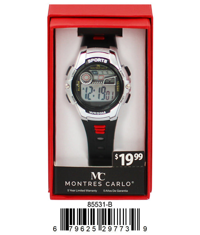 Montres Carlo 8553 Digital Watch with rubber band and plastic case, featuring a digital display and LED light.