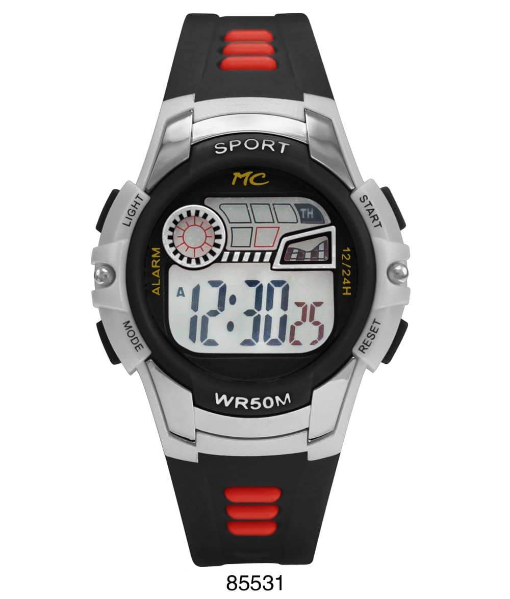 Montres Carlo 8553 Digital Watch with rubber band and plastic case, featuring a digital display and LED light.