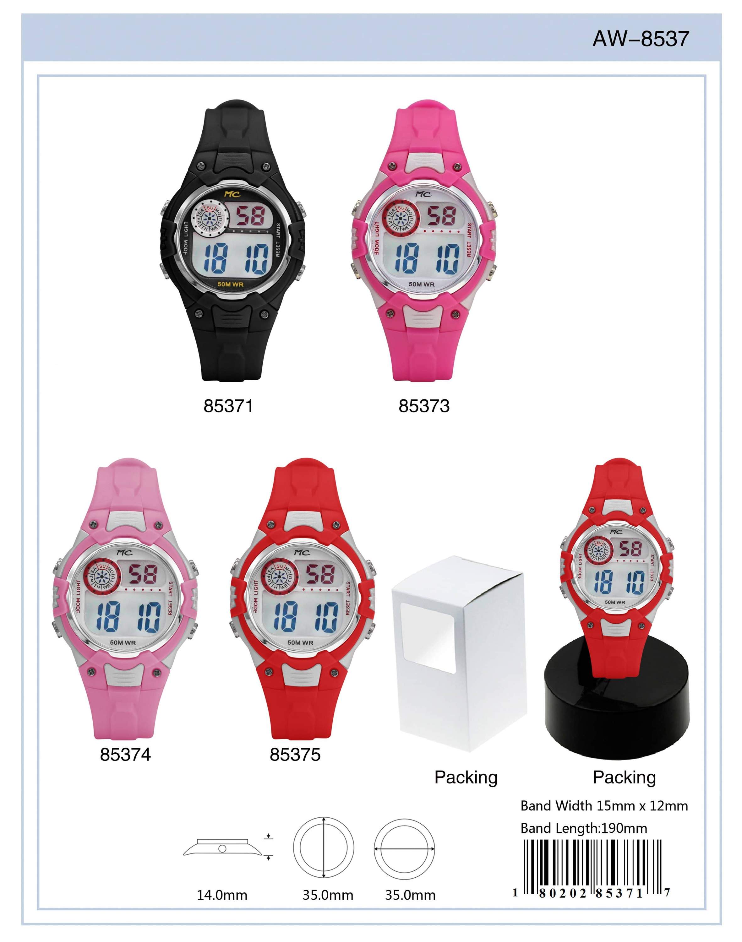 Montres Carlo 8537 Digital Watch with rubber band and plastic case, featuring a multi-functional digital display.