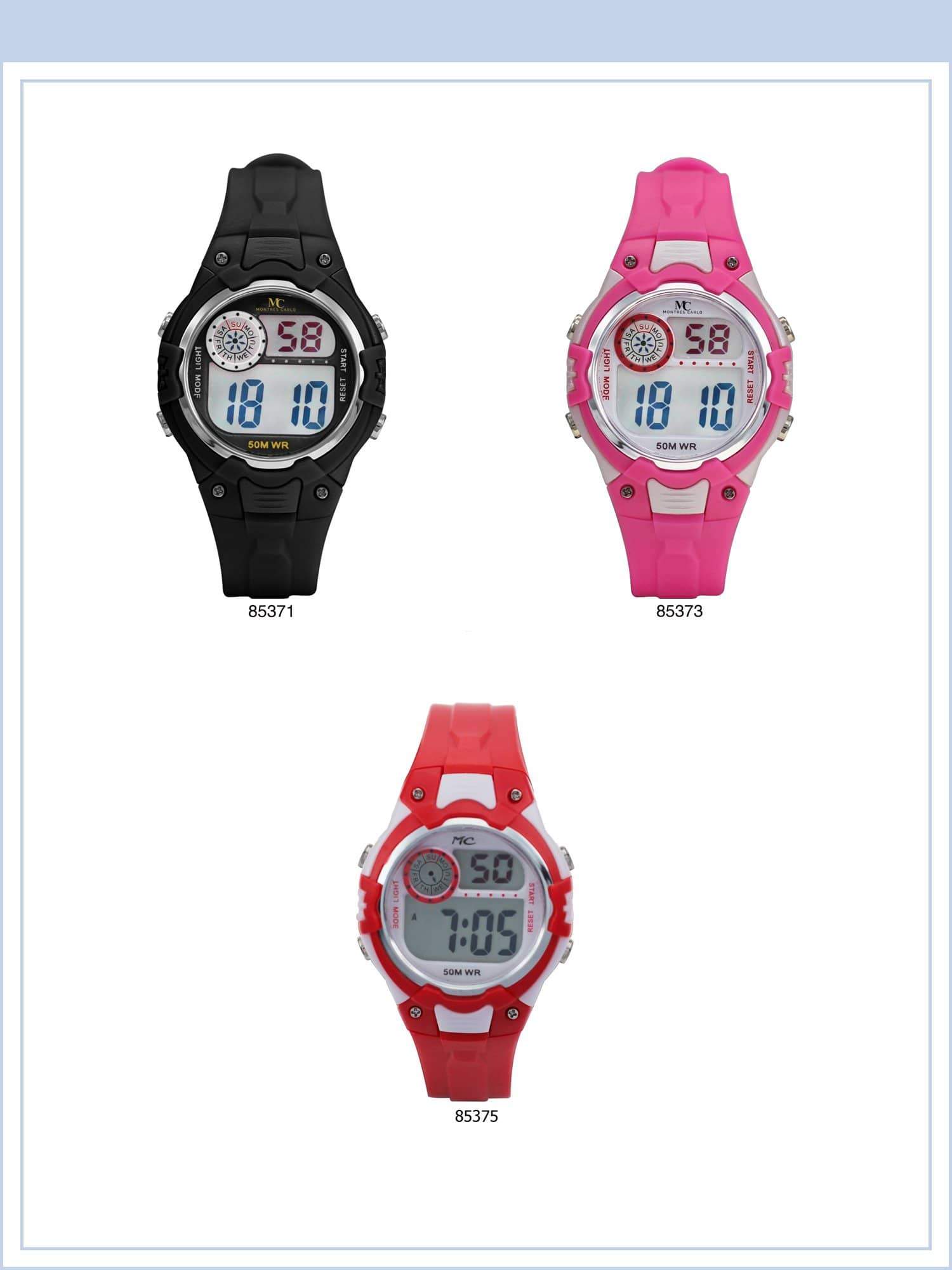 Montres Carlo 8537 Digital Watch with rubber band and plastic case, featuring a multi-functional digital display.