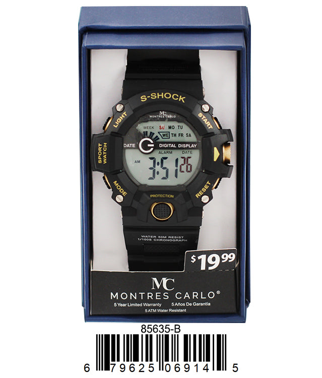 Montres Carlo 8563 Digital Watch with rubber band and plastic case, featuring a digital display and various functionalities.