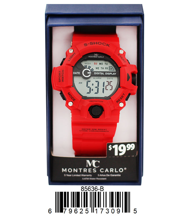 Montres Carlo 8563 Digital Watch with rubber band and plastic case, featuring a digital display and various functionalities.