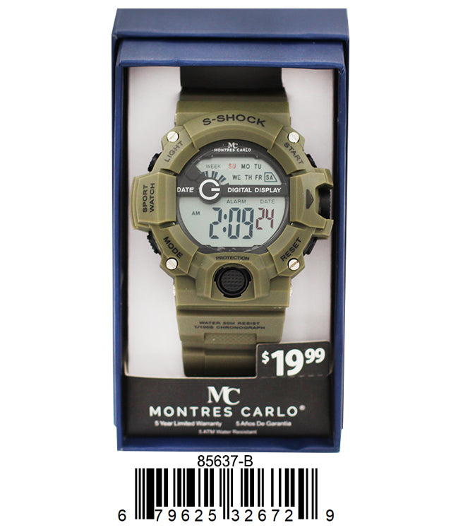 Montres Carlo 8563 Digital Watch with rubber band and plastic case, featuring a digital display and various functionalities.