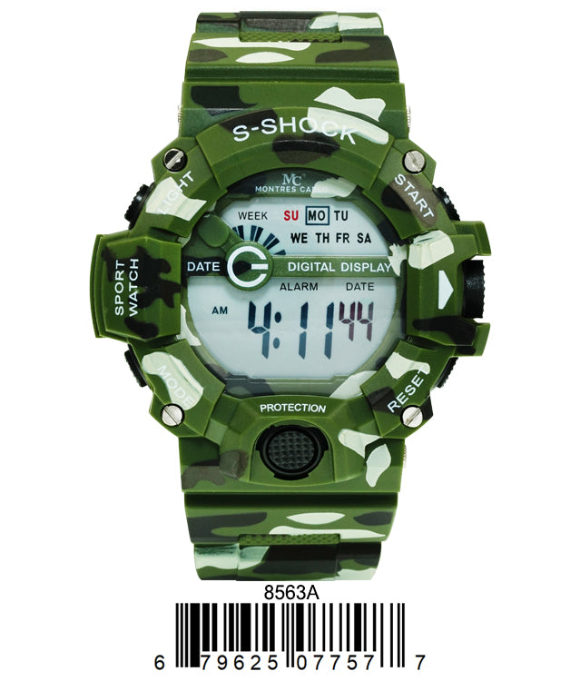 Montres Carlo 8563 Digital Watch with rubber band and plastic case, featuring a digital display and various functionalities.