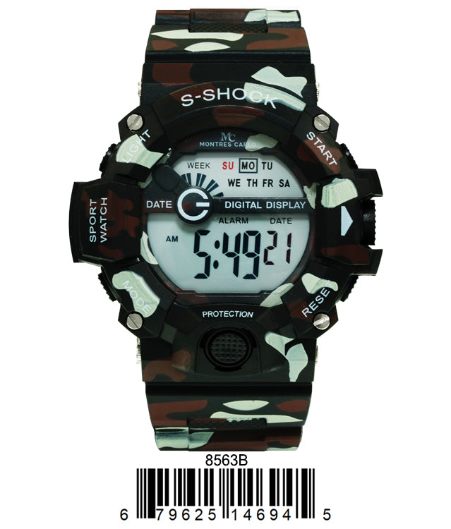 Montres Carlo 8563 Digital Watch with rubber band and plastic case, featuring a digital display and various functionalities.