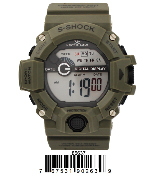 Montres Carlo 8563 Digital Watch with rubber band and plastic case, featuring a digital display and various functionalities.