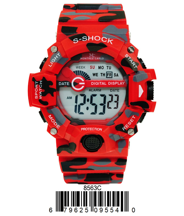 Montres Carlo 8563 Digital Watch with rubber band and plastic case, featuring a digital display and various functionalities.