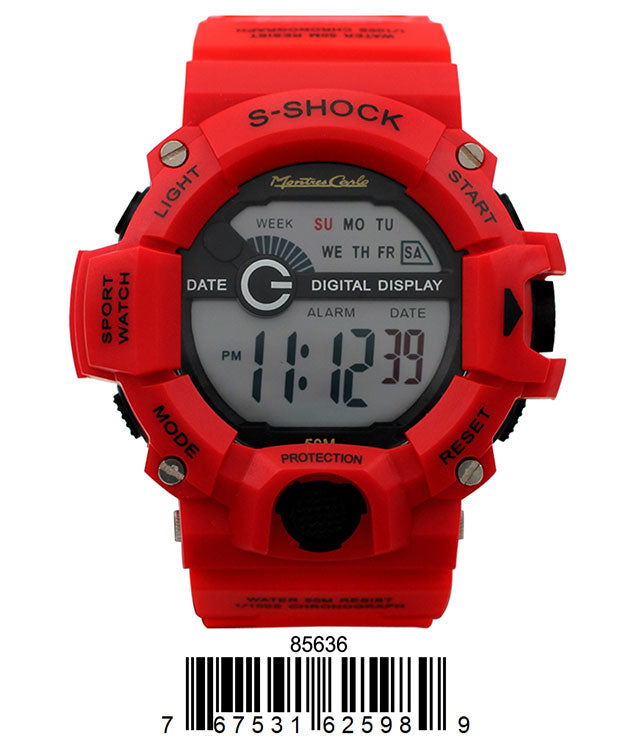 Montres Carlo 8563 Digital Watch with rubber band and plastic case, featuring a digital display and various functionalities.