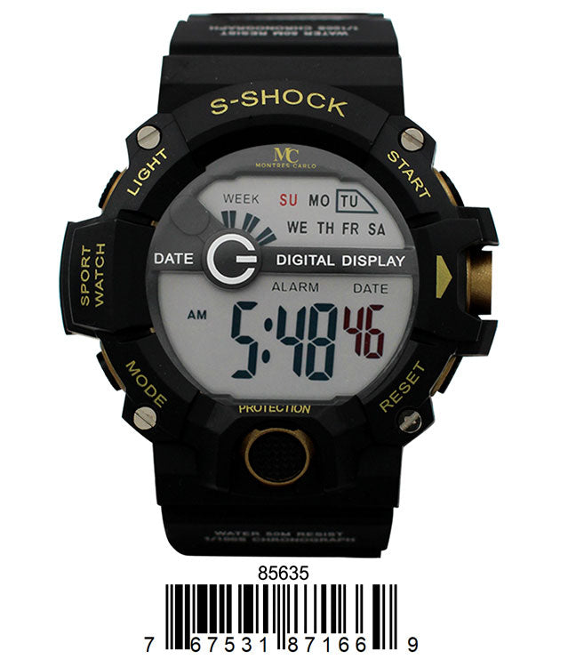 Montres Carlo 8563 Digital Watch with rubber band and plastic case, featuring a digital display and various functionalities.