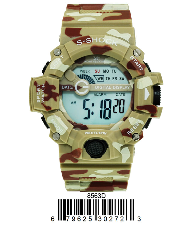 Montres Carlo 8563 Digital Watch with rubber band and plastic case, featuring a digital display and various functionalities.