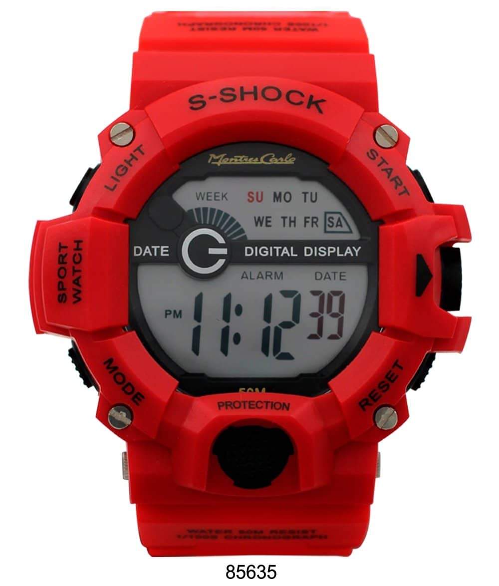 Montres Carlo 8563 Digital Watch with rubber band and plastic case, featuring a digital display and various functionalities.