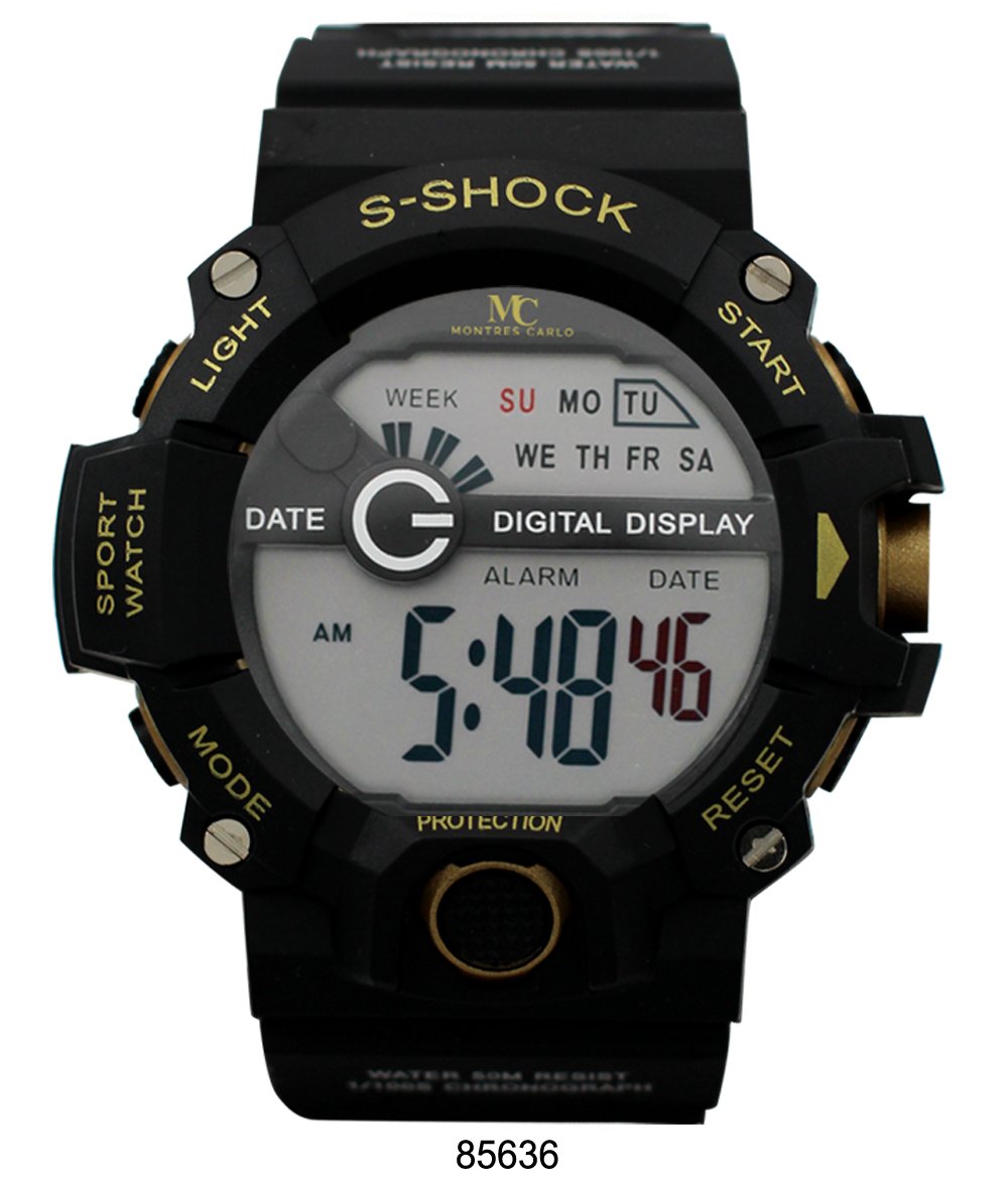 Montres Carlo 8563 Digital Watch with rubber band and plastic case, featuring a digital display and various functionalities.