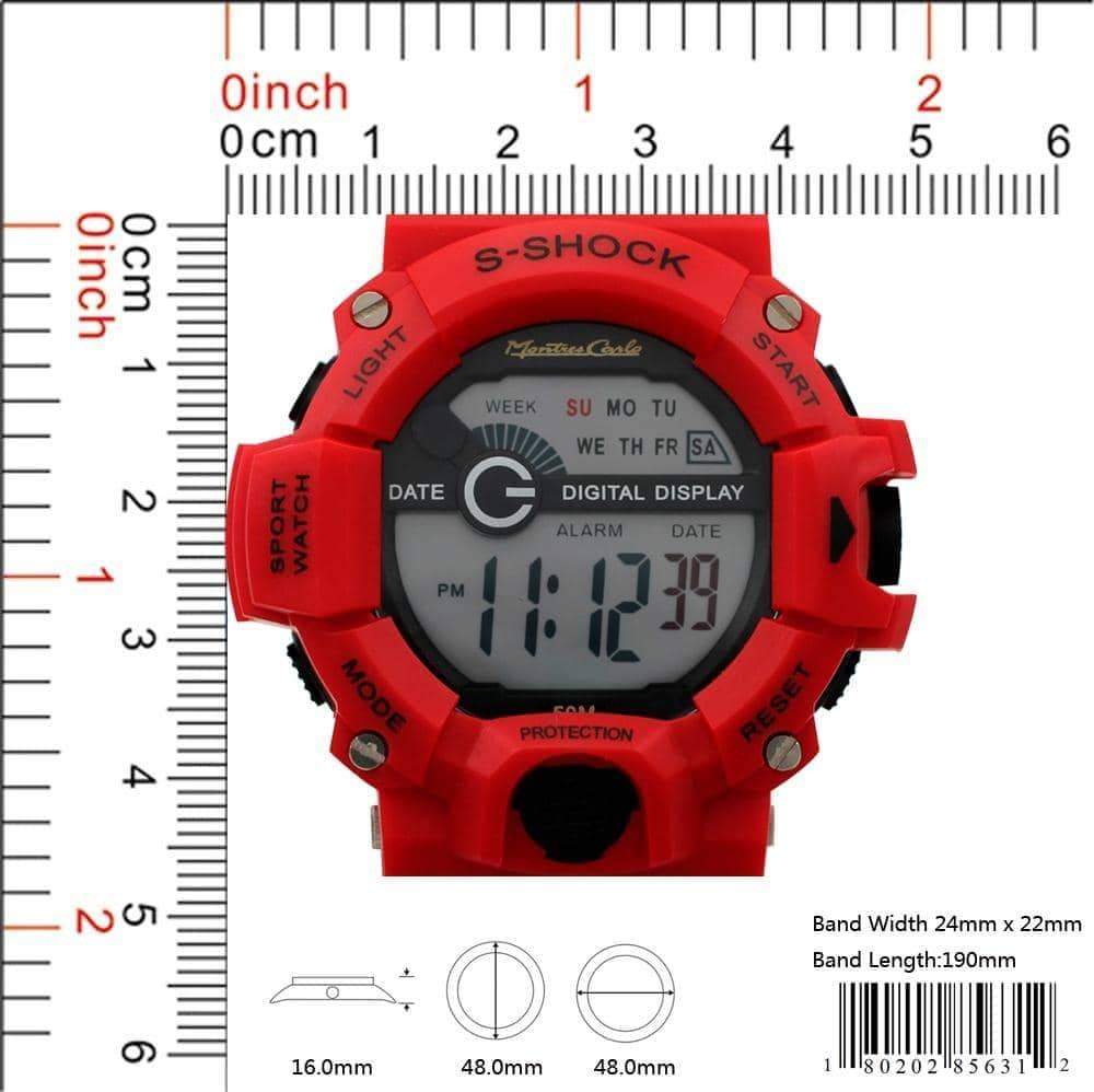 Montres Carlo 8563 Digital Watch with rubber band and plastic case, featuring a digital display and various functionalities.