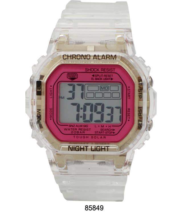 A sleek 8584 Transparent Digital Watch with a clear case and rubber band, showcasing its digital display and modern design.