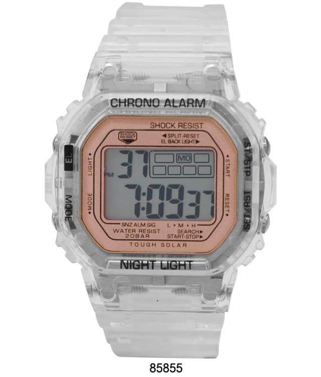 A sleek 8584 Transparent Digital Watch with a clear case and rubber band, showcasing its digital display and modern design.