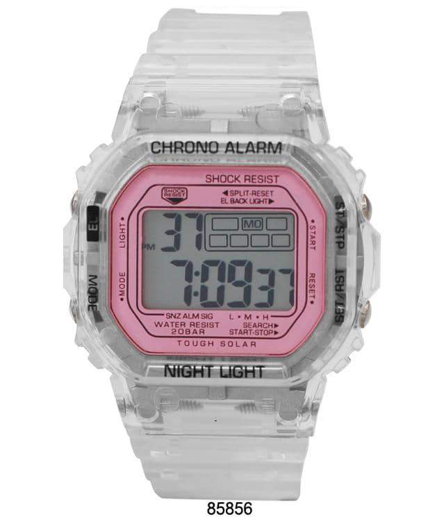 A sleek 8584 Transparent Digital Watch with a clear case and rubber band, showcasing its digital display and modern design.